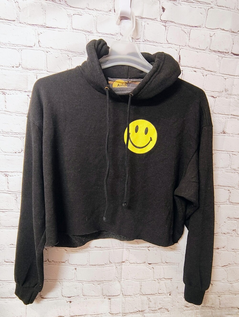 Aviator Nation Smiley Smile Cropped Black Pullover Hoodie S Lightning Fleece Gr
